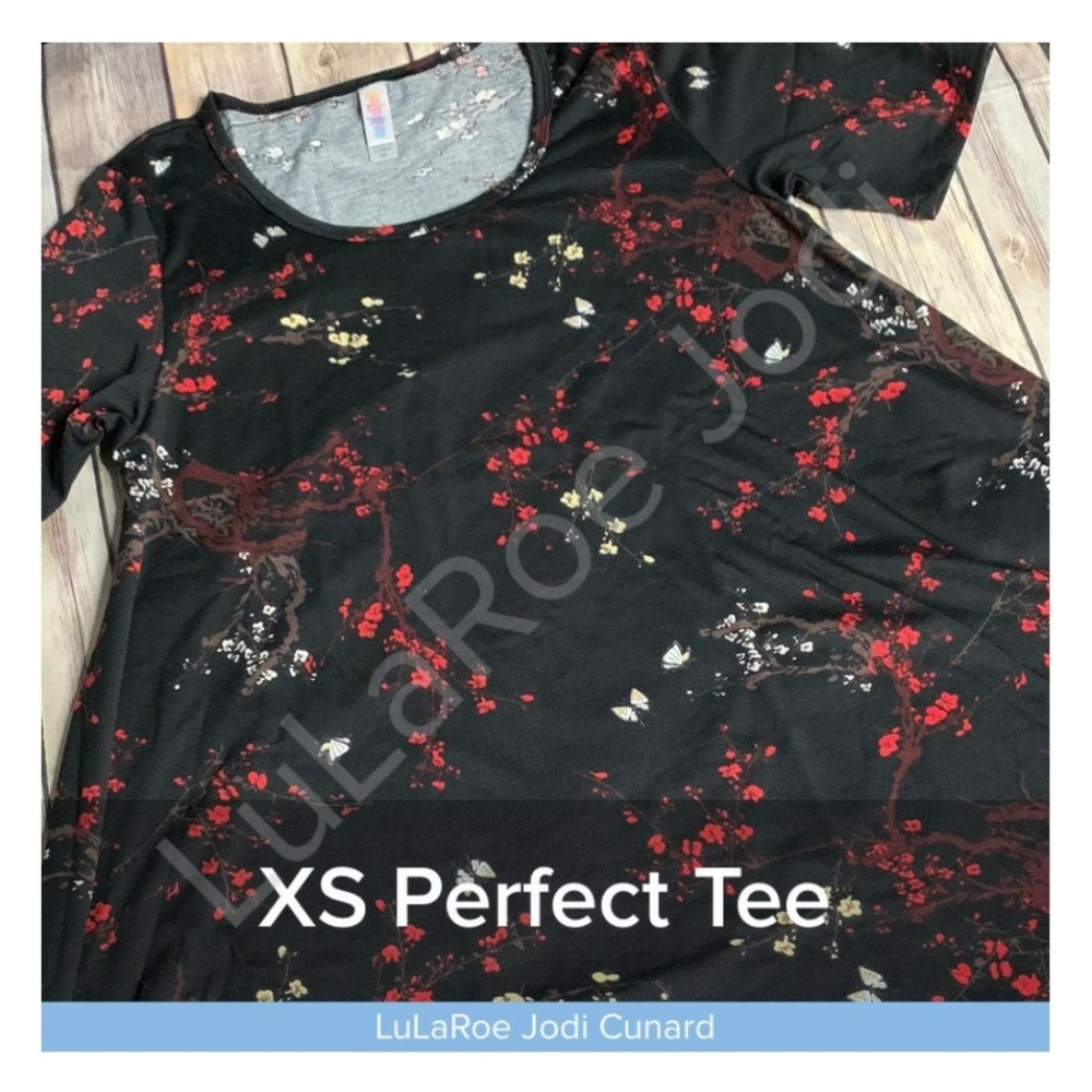Lularoe XS Cherry Blossom Perfect T.  Lularoe runs large.  This will fit a 0-6.